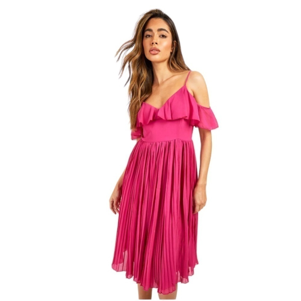 Women’s Cold Shoulder Ruffle Pleated Midi Chiffon Dress in Pink Sz 10